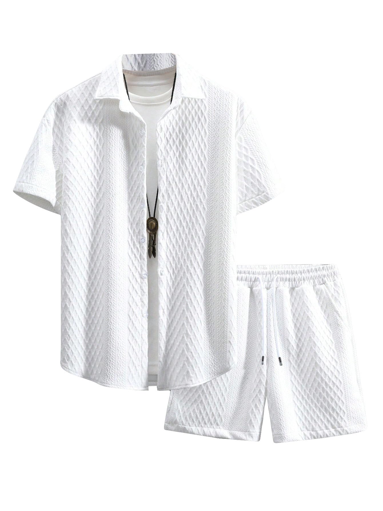 GORGLITTER Men's 2 Piece Outfits Waffle Knit Button Down Shirt Top and Shorts Set