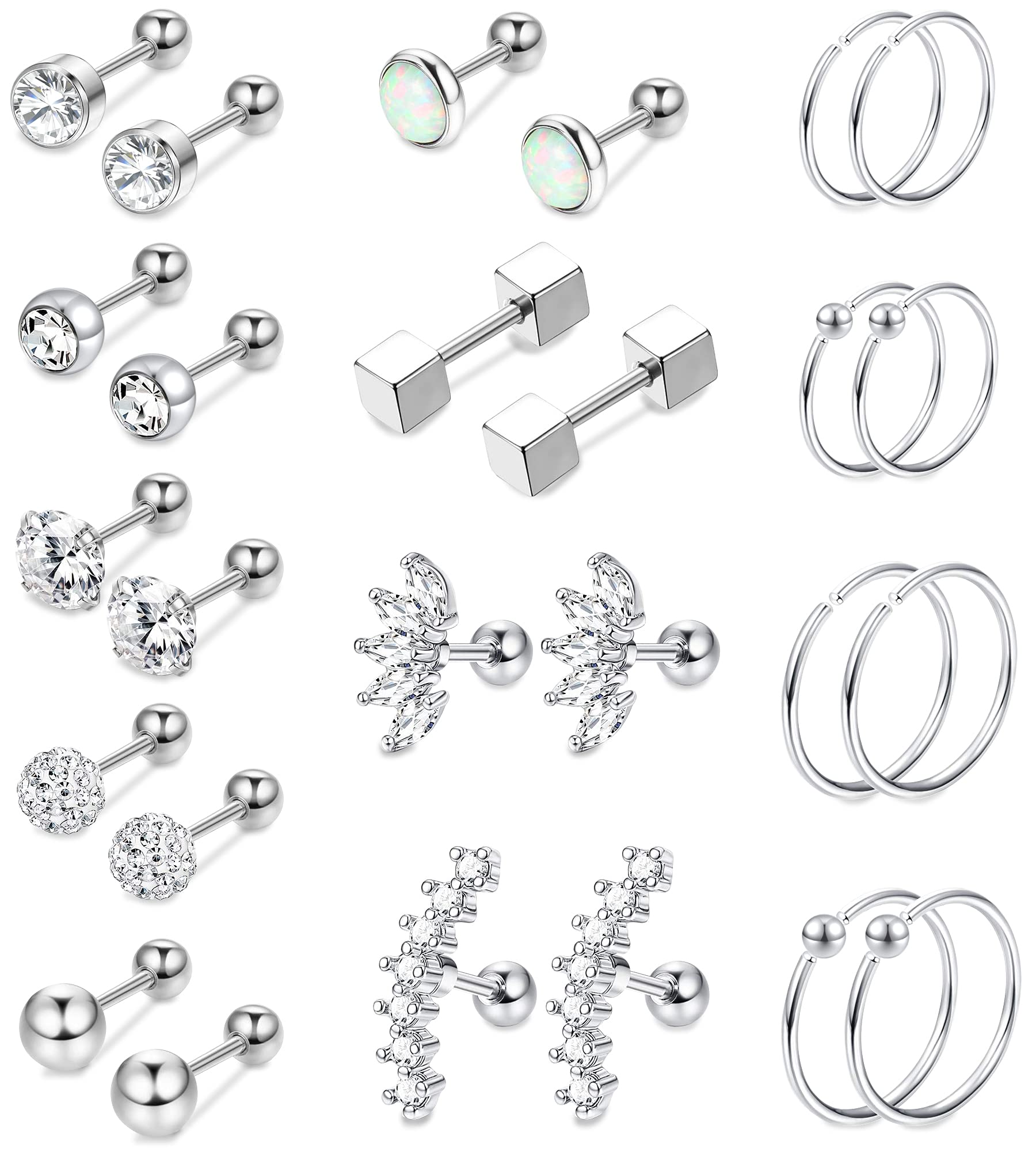 13 Pairs Stainless Steel Cartilage Stud Earrings Tragus Earring Helix Earring Hoop Earrings for Women Hypoallergnic Conch Helix Jewellery