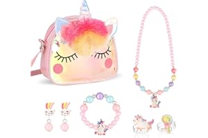 HIFOT Unicorn Crossbody Bag Purse with Jewelry Set Little Girls, Unicorn Princess Necklace Bracelet Rings Earrings Handbag Ac