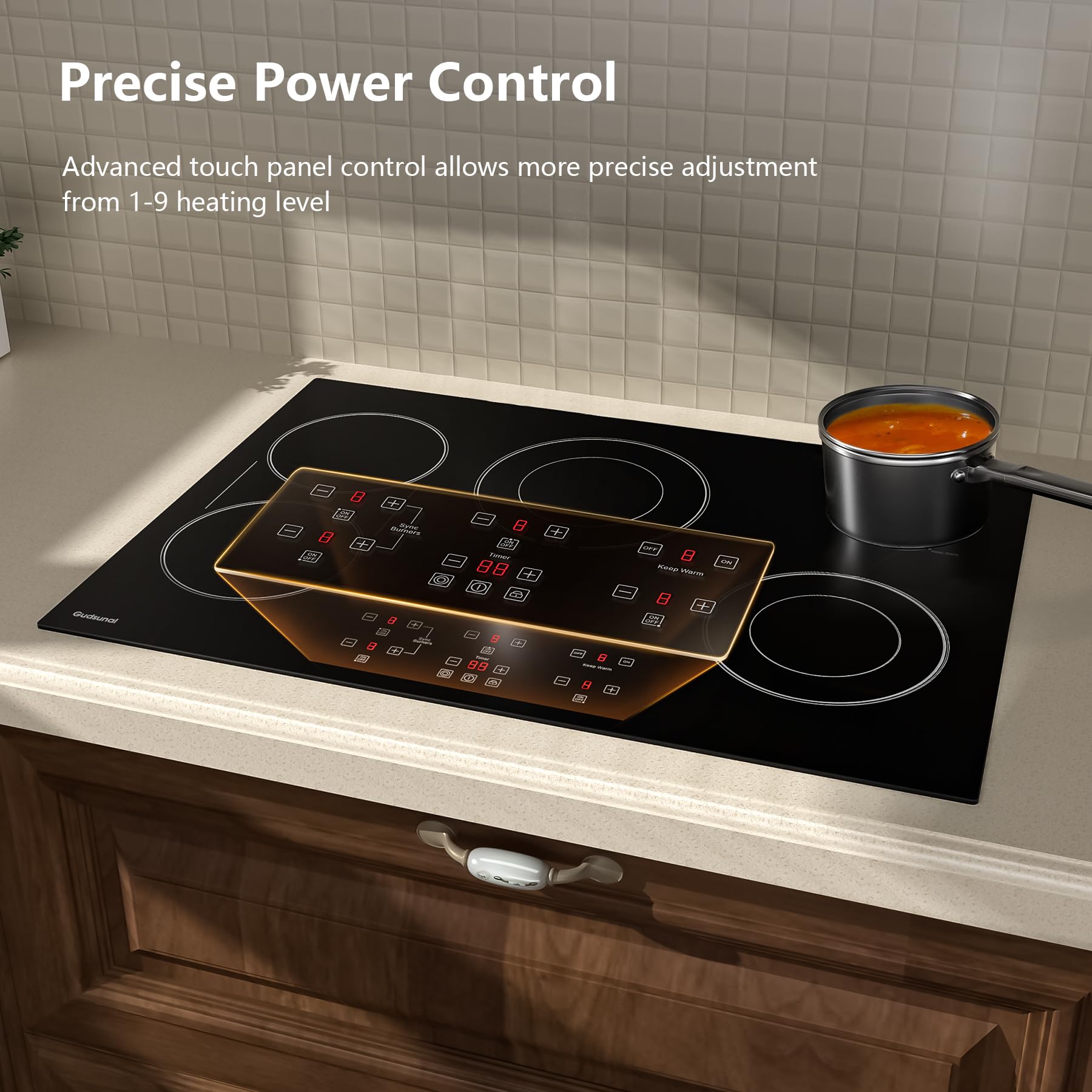 30 Inch Electric Cooktop 5 Burners, ETL & FCC Certificated, Sync Burner, Quick Boil, Keep Warm, 9 Heating Level, Timer, Child Lock & Auto Shutdown, Drop-in Electric Stove Top,Gloss Black