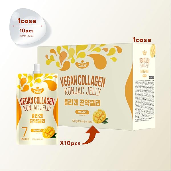 DELIEF VEGAN COLLAGEN KONJAC JELLY (MANGO FLAVOR) 120G X 10 PACKS – LOW-CALORIE FRUIT GEL SNACK, GLUTEN-FREE, PLANT-BASED, 7 KCAL PER POUCH
