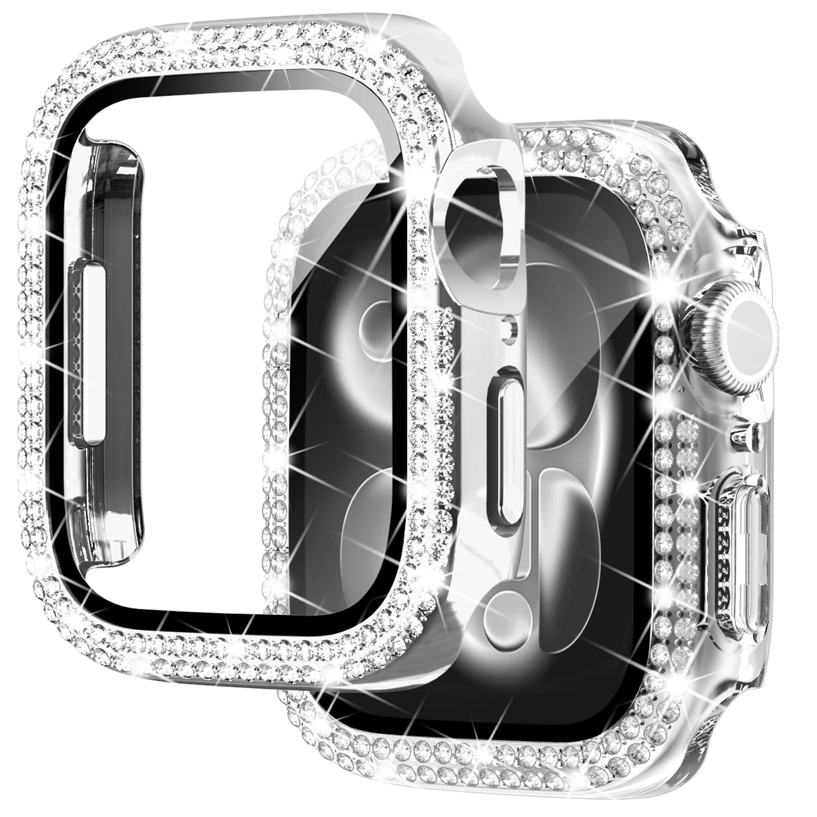 NewWays 2 Pack Compatible with Apple Watch Case 41mm Built-in Screen Protector,Women Diamond Bling Cases for iWatch Series 9 8 7,Silver/Clear