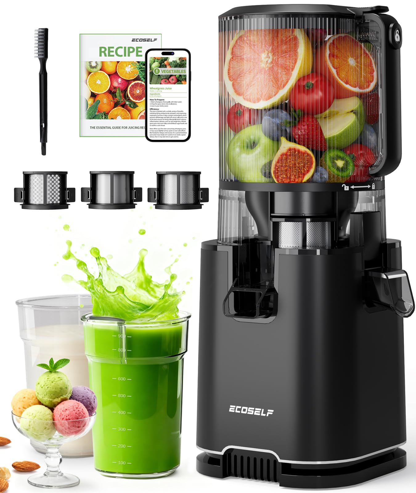 Photo 1 of ECOSELF Cold Press Juicer with 3 Filters (For Juice/Sorbet/Nut Milk), Juicer Machines With 6.0" Wide Mouth Hopper, Self Feeding & Hands-Free Design, Juicer for Family Gathering Party, With Brush