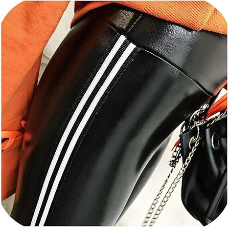 Erpot Women Leather Pants Fall Winter White Striped Lambskin Pu Leather Leggings Slim High Waist 