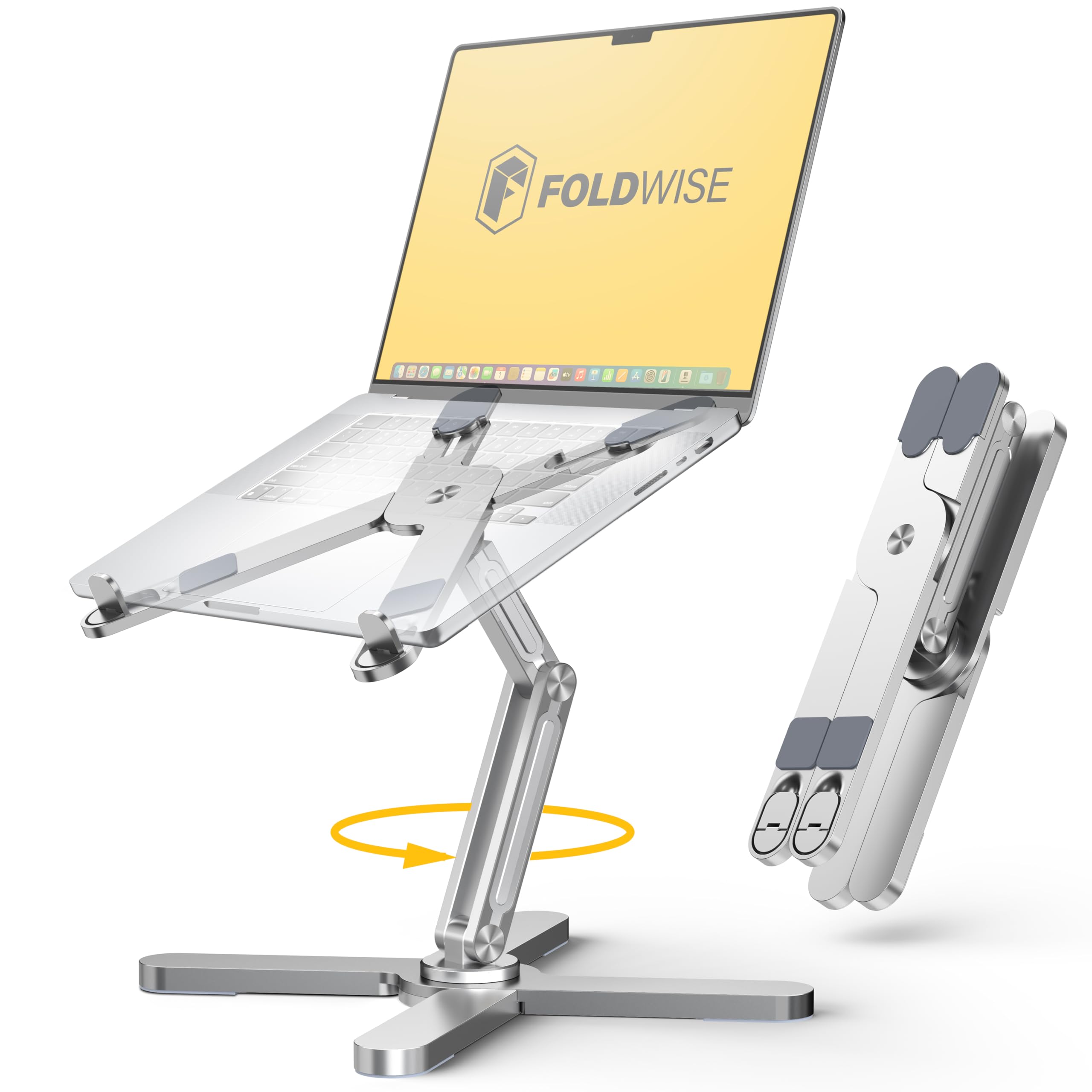 FoldWise X Premium Laptop Stand for Desk - 100% Aluminium, Portable & 360° Rotating - Adjustable Height & Angles Laptop Riser - Sturdy & Foldable MacBook Stand Compatible with All 11-18” Devices