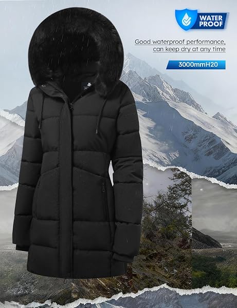 ASPO WOMEN’S WINTER WARM COATS WATERPROOF THICK FLEECE LINED DOWN PUFFER JACKET 5 POCKETS LONG PARKA FAUX FUR DETACHABLE HOOD BLACK M