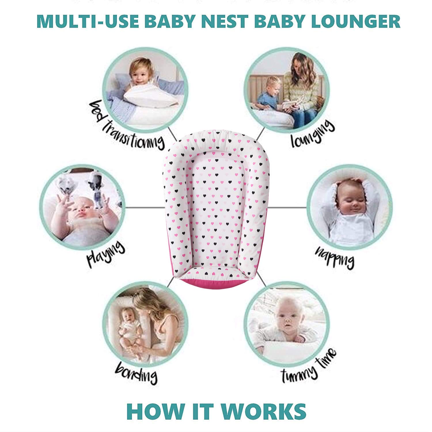 Premium Baby Lounger - Durable Cotton Blend Co Sleeper - Soft Portable Baby Nest Sleeper - Perfect for Co Sleeping and Travelling, Pink Hearts: Kitchen & Dining