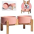 Elevated Ceramic Dog Bowl Set - Raised Dog Bowls with Non-Slip Bamboo Stand - Dog Food and Water Bowl Set - Double Dog Feeding Bowls - Suitable for Small and Medium Dogs - 28.74 OZ - 3.6 CUPS - 850 ML
