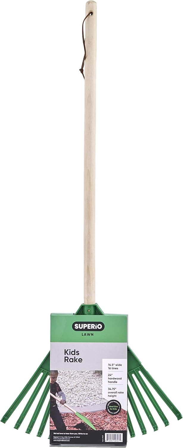 Superio Kids Garden Rake with Hardwood Handle – Durable Plastic Green Head to Sweep Leaves in Lawn and Tidying Up The Garden – 34 “Height : Garden & Outdoor
