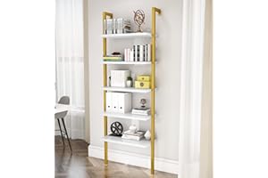 DKLGG 5-Tier Ladder Shelf, Industrial Wall Mounted Bookshelf, Narrow Ladder Bookcase with Wood Board and Metal Frame, Open Display Shelf for Living Room, Bedroom, Office, White and Gold