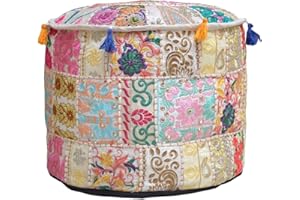 Aakriti Gallery Indian Pouf Footstool Ethnic Embroidered Pouf Cover, Indian Cotton Round Pouffe Ottoman Pouf Cover Pillow Ethnic Decor Art - Cover Only (Beige, 18x13)