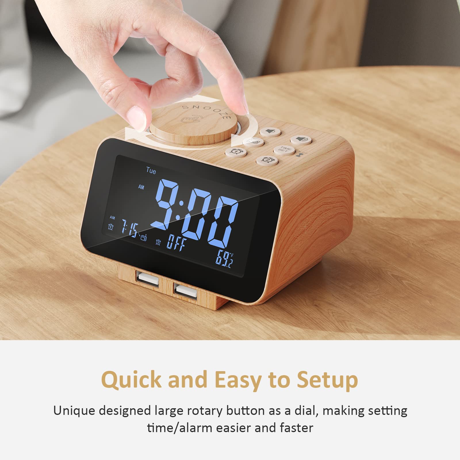 USCCE Digital Alarm Clock Radio - 0-100% Dimmer, Dual Alarm with Weekday/Weekend Mode, 6 Sounds Adjustable Volume, FM Radio w/Sleep Timer, 2 USB Charging Ports, Thermometer, Battery Backup(Wood Grain)