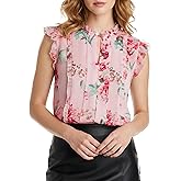 QiuDumo Women's Summer Chiffon Top Button Deep V Neck Ruffle Trim Sleeveless Printed Flowy Dressy Casual Blous