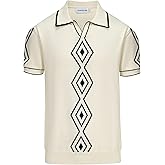 OXKNIT Mens White Apricot 60s V-Neck Polo Shirt Rhombic Pattern Knit Golf Polo