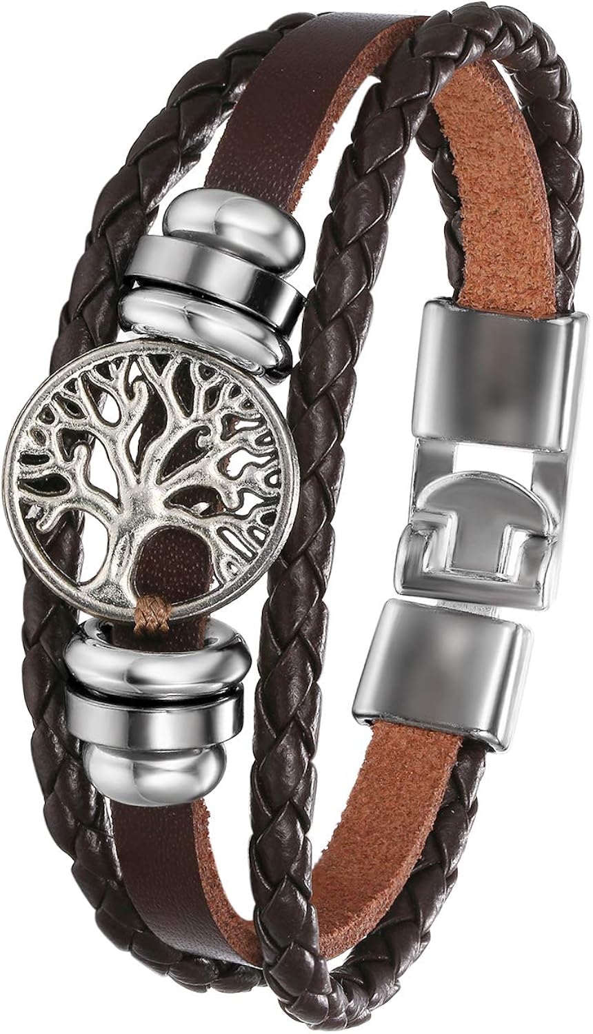 Flongo Multi-layer Braided Leather Cuff Bracelet for Men Women Hand Chain Brown/Black with Tree of Life Alloy Retro Ethnic Style