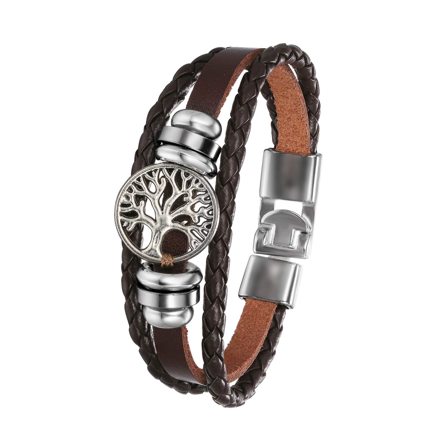 Flongo Multi-layer Braided Leather Cuff Bracelet for Men Women Hand Chain Brown/Black with Tree of Life Alloy Retro Ethnic Style, 17 cm, Leather