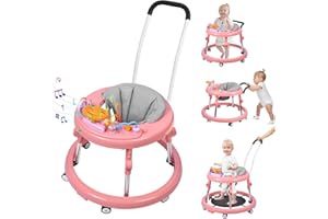 AIRLYA-LIFE Baby Walker, Foldable 9-Gear Height Adjustable Baby Walker with Wheels, Infant Toddler Walker with Music Disk, Anti-Fall Baby Walkers and Activity Center with Foot Pads for Boys and Girls 6-24 Months