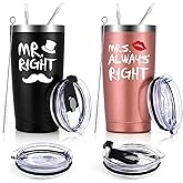 Qtencas Mr. Right Mrs. Always Right Travel Tumbler Set, Wedding Engagement Gifts for Husband Wife Newlywed Couples Bride Groom Anniversary, 20oz Stainless Steel Tumbler, Black and Rose Gold