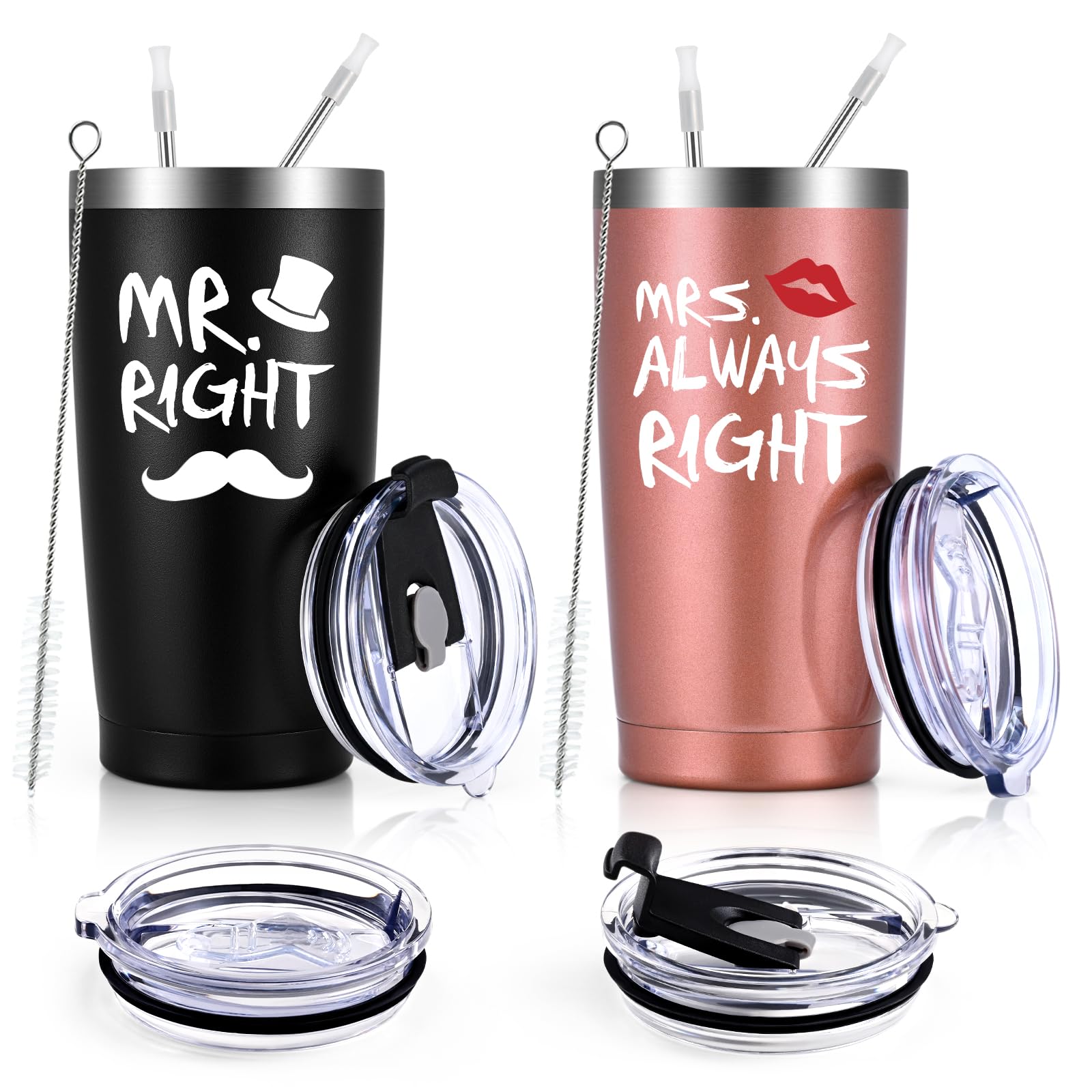 Photo 1 of Qtencas Mr. Right Mrs. Always Right Travel Tumbler Set, Wedding Engagement Gifts for Husband Wife Newlywed Couples Bride Groom Anniversary, 20oz Stainless Steel Tumbler, Black and Rose Gold