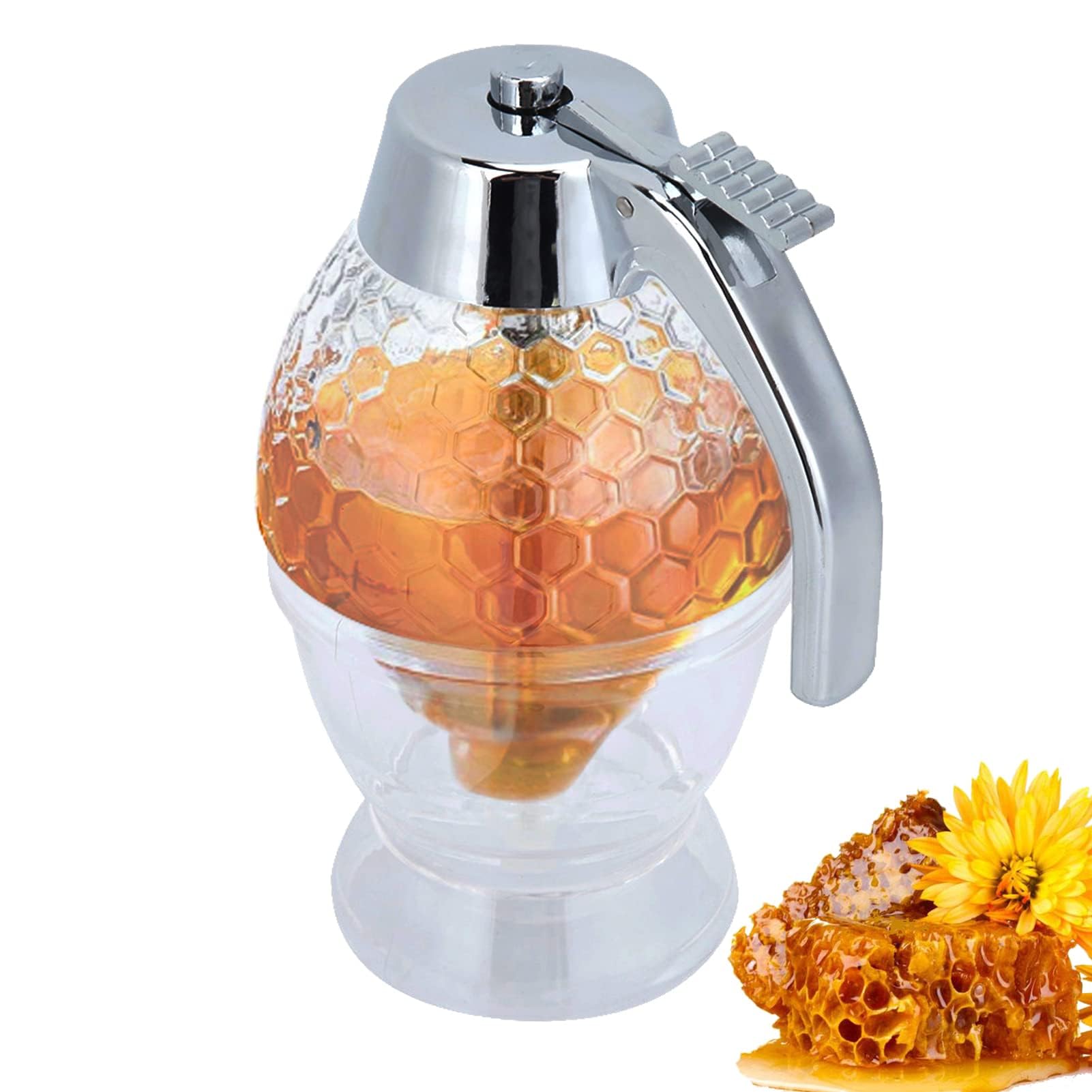 Agatige No Drip Honey Dispenser, Glass Honey Jar Honey Pot with Stand Maple Syrup Honey Container for Syrup, Sugar, Sauces, Condiments