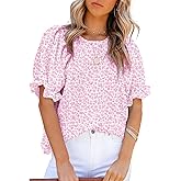 Dokotoo Floral Print Blouses for Women Crewneck Smocked Puff Sleeve Shirts Casual Babydoll Tops