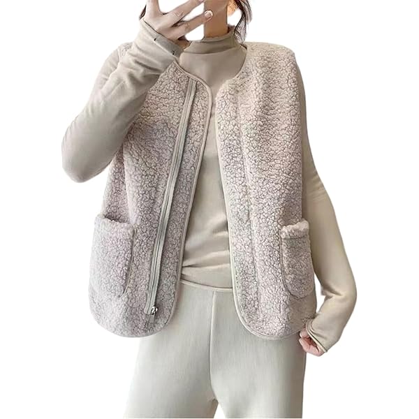 Perbai Womens Winter Warm Collarless Full Zip Fuzzy Fleece Sherpa