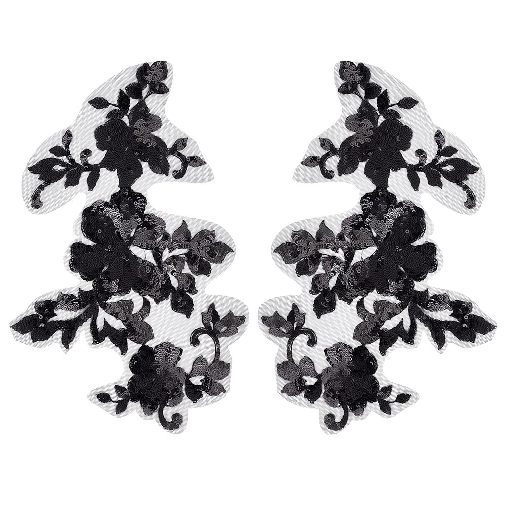 GORGECRAFT 3D Sequin Embroidered Lace Applique Leaf Flowers Sew on Collar Trim Patches Floral Motif Fabric Craft Decoration Patch for Sewing Wedding DIY Clothes Dress Pants Jeans Garments Black