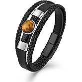 CARICY Tiger Eye Black Leather Bracelet for Men Vintage Double Natural Tiger Eye with Stainless Steel Three-Layer Leather Rope Braided Cuff Bracelet