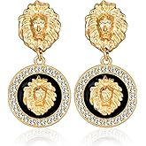 Statement Lion Drop Earrings Gold-Plated Rhinestone Lion Head Dangle Earring Hip Hop Party Nightclub Cocktail Jewelry