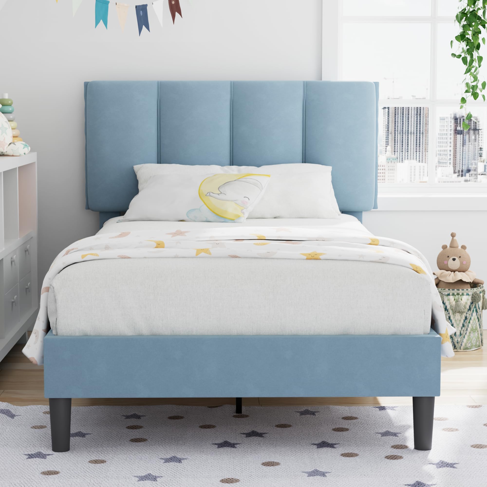 Photo 1 of  VECELO Twin Bed Frame with Upholstered Headboard, Heavy-Duty Platform Bedframe with Strong Wooden Slats Support, No Boxing Spring Needed, Light Blue