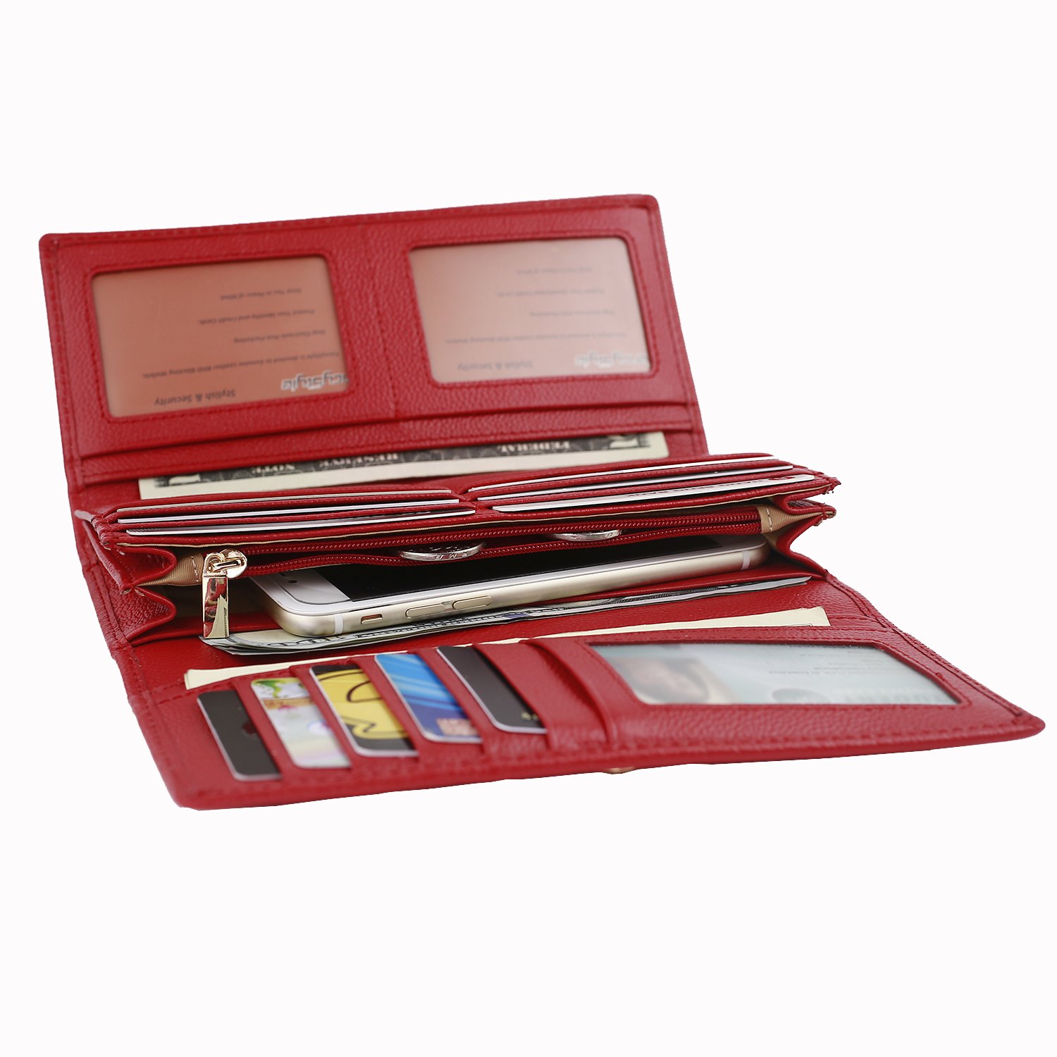 RFID Wallets for Women Leather Trifold Long Large Travel Clutch Purse with 10 Sleeves Red