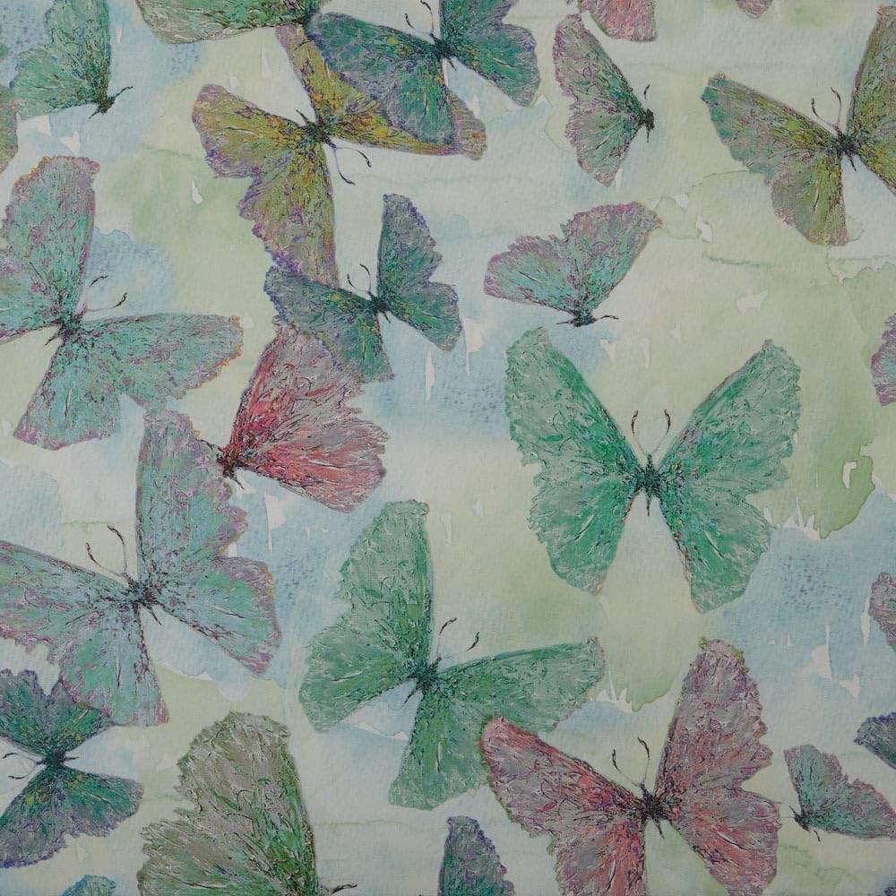 Kt KILOtela - Digital Printed Canvas Fabric, Half Panama Organic Cotton, Decoration, Upholstery, Cushions, Tablecloths, 100 cm Length x 280 cm Wide, Cezanne, Butterflies, Green – 1 m