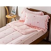 Aimuan Zipper Bedding Pink Bow Printed on Rainbow Comforter Set Set Bowknot Twin Princess Kids Zippered Bedding Set Ultra Soft (Pink-Colorful, Twin)