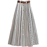 Floerns Women's Elegant Striped A Line Skirt Button Front Office Business Casual Long Skirt with Belt