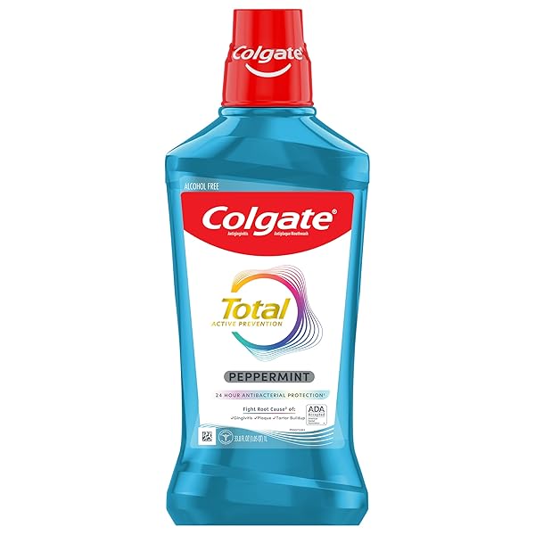 COLGATE TOTAL ALCOHOL FREE MOUTHWASH, NON BURNING PEPPERMINT FOR BAD BREATH, HELPS PREVENT GINGIVITIS AND PLAQUE, NO-ALCOHOL MOUTHWASH, PEPPERMINT, 1.0 L