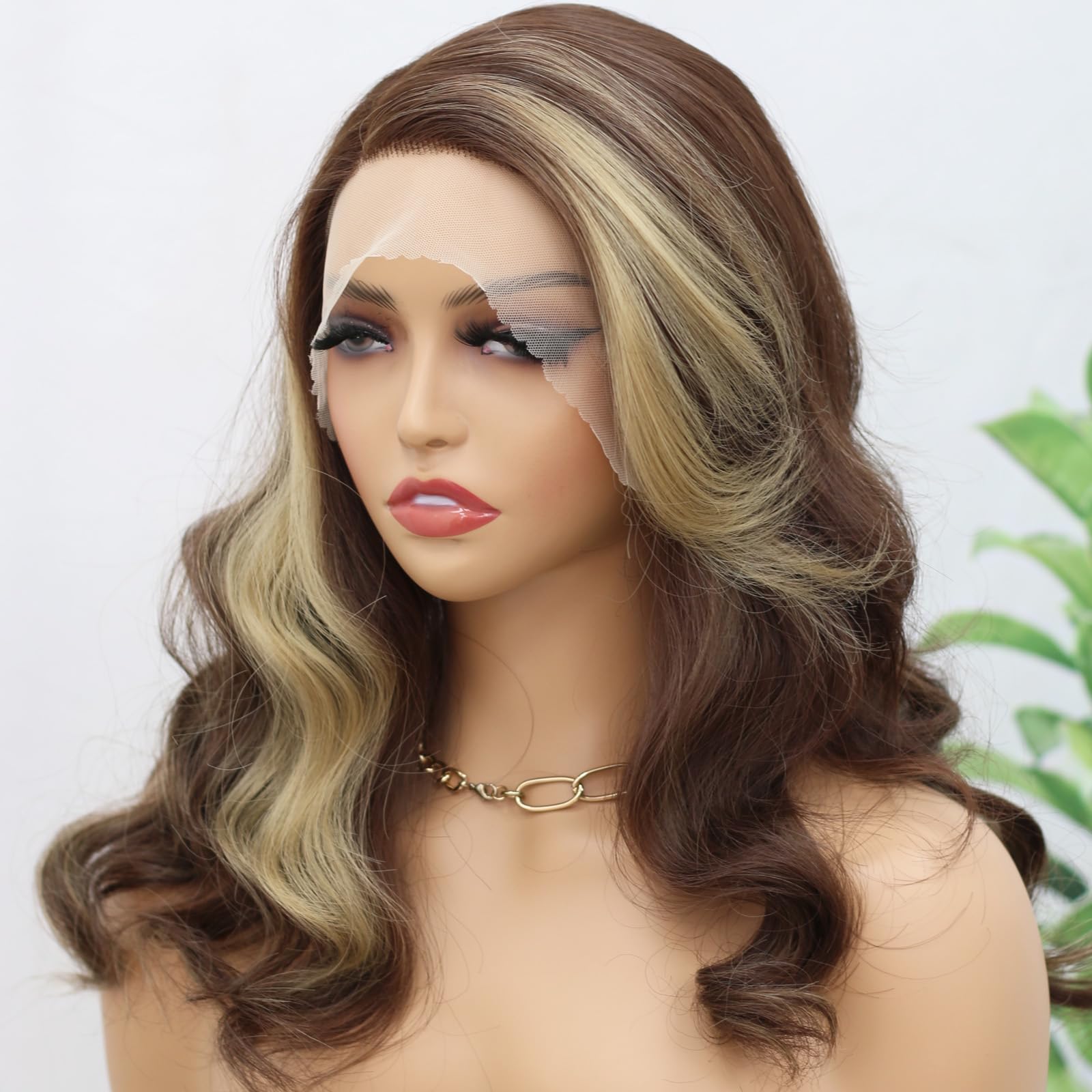 Photo 1 of Fugady Brown and Blond Highlight Body Wavy Wig Lace Front Wig Ash Brown to Blonde Stripe long Curly Wigs for Woman Pre Plucked with Baby Hair Heat Resistant Synthetic Wigs Daily Party Cosplay Use