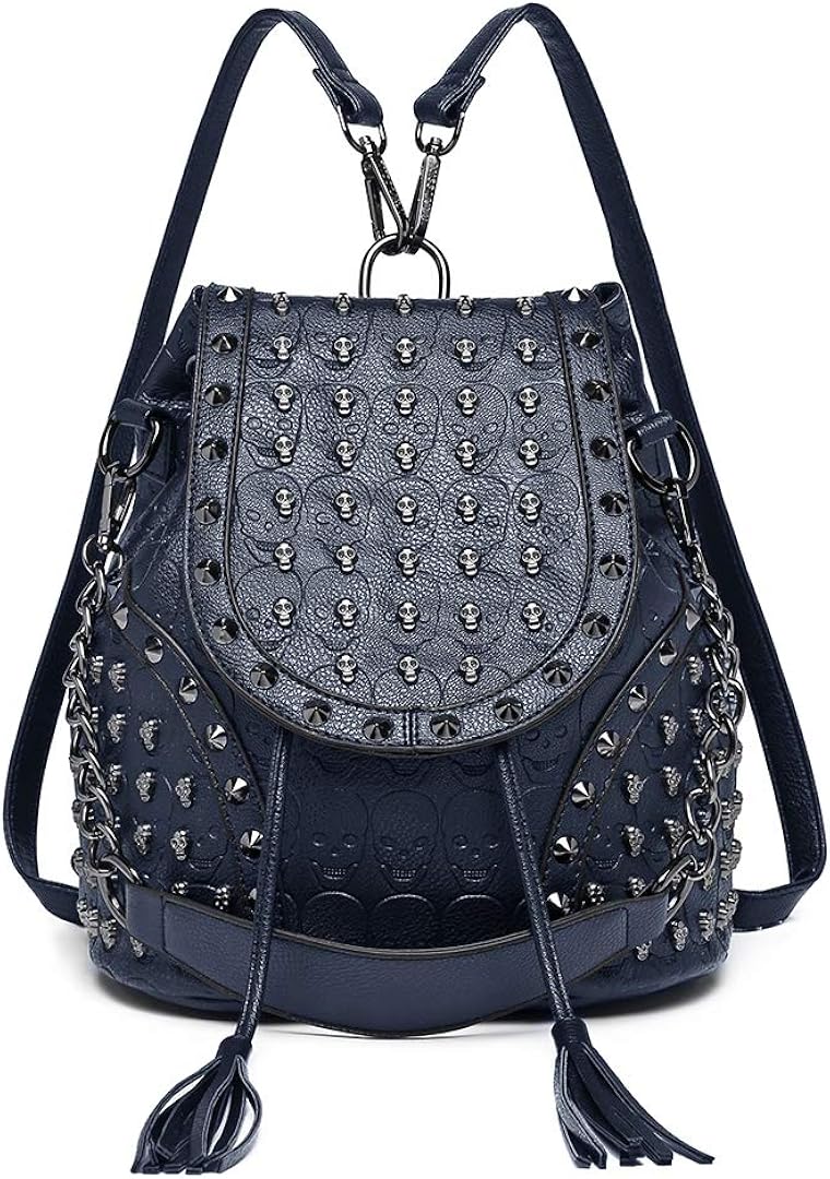 Miss Lulu Small Gothic Skulled Backpack Handbags for Women Shoulder Rucksuck with Chain Faux Leather Studded Embossed Skulls Tassels for Travel School