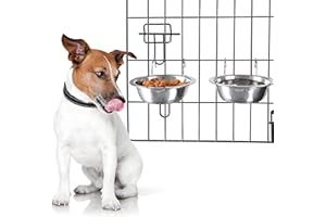 Set of 2 Stainless-Steel Dog Bowls - Cage, Kennel, and Crate Hanging Pet Bowls for Food and Water - 20oz Each and Dishwasher Safe by PETMAKER,Silver