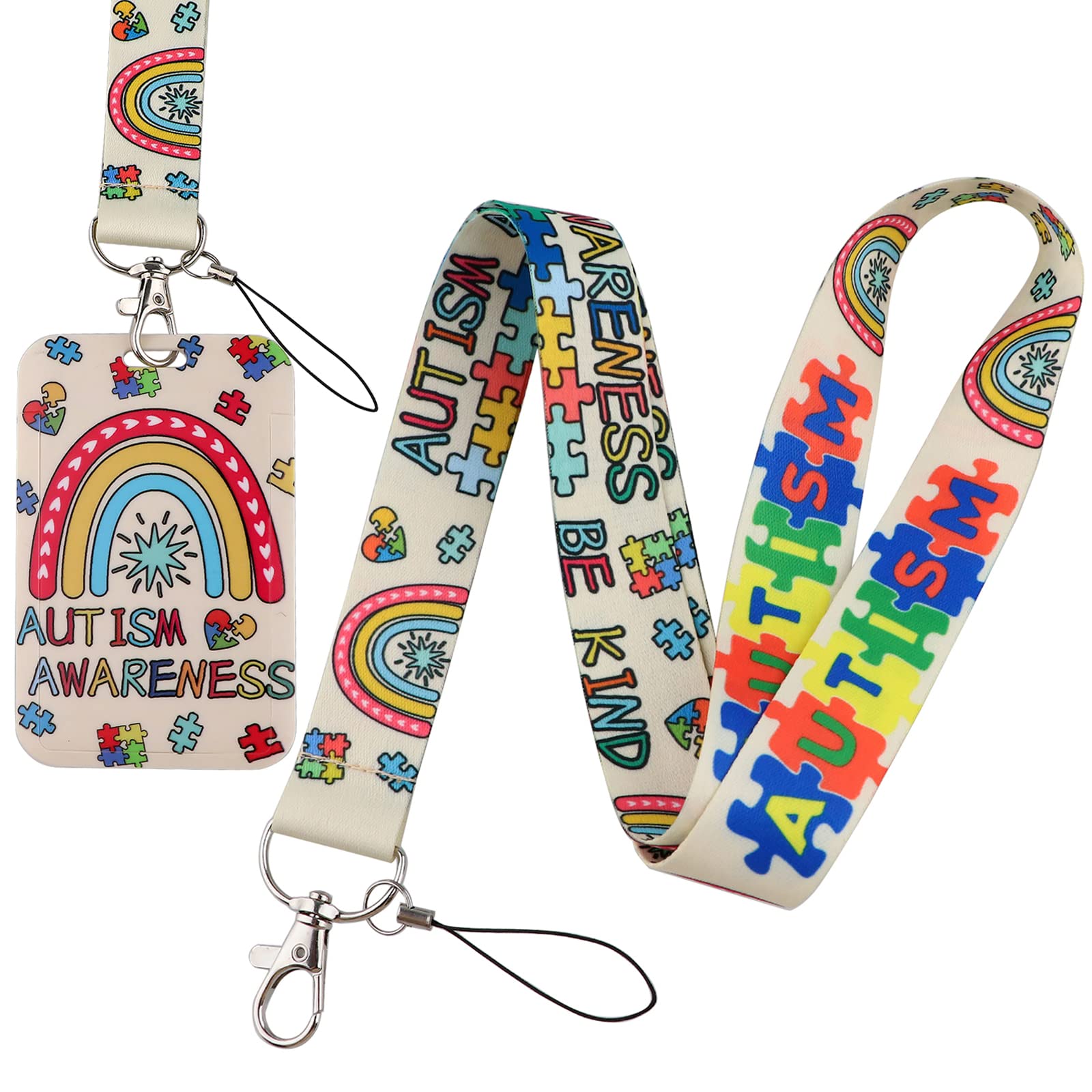 Beemorita Autism Awareness Lanyard with Card Holder Cute Rainbow Neck Lanyard Strap for Keys ID Holder Name Tag for Kids Teachers Teens Women Men (Be Kind)