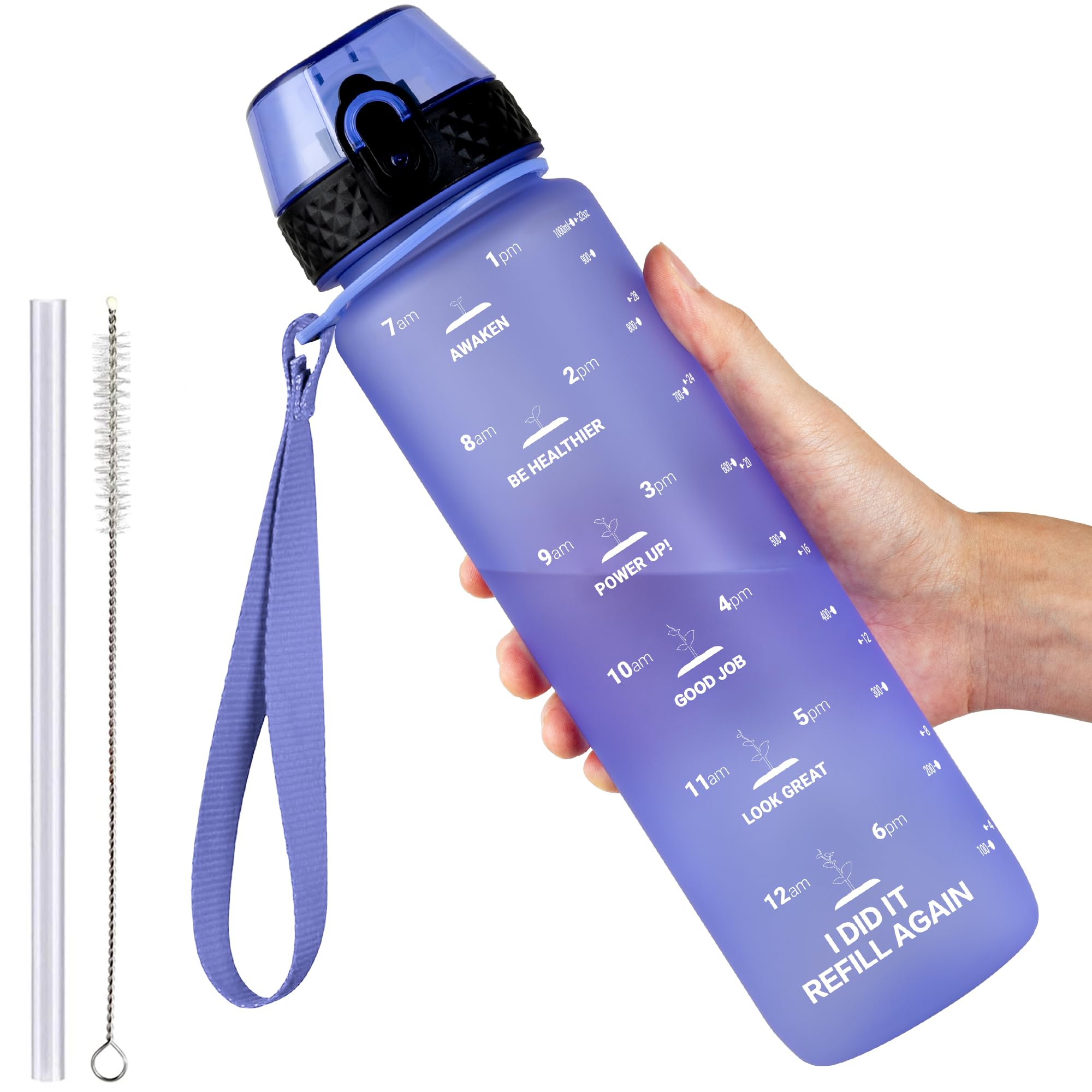 GOPPUS 1L/32oz Tritan Water Bottle with Straw-Soft Matte Finish Leakproof Drink Bottle with Measurements Bottles with Flip Top Motivational Bottles with Time Marks for Adults BPA Free (Purple)