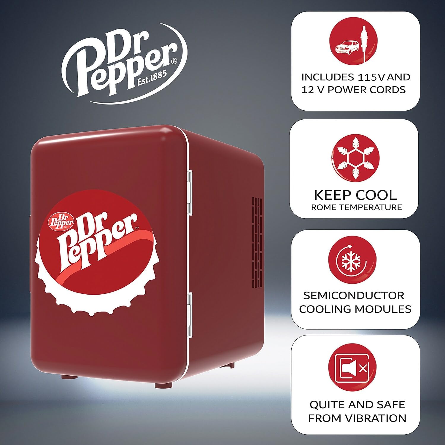 MIS153DRP Dr. Pepper Retro Mini Portable Compact Personal Fridge Cooler, 4 Liter Capacity, 6 Cans, Makeup, Skincare, Freon-Free & Eco Friendly, Maroon