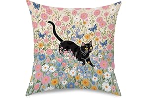 Floral Black Cat Pillow Covers 18x18 Inch, Colorful Wildflower Cat Decorative Pillows for Home Bedroom Living Room Office, Ca
