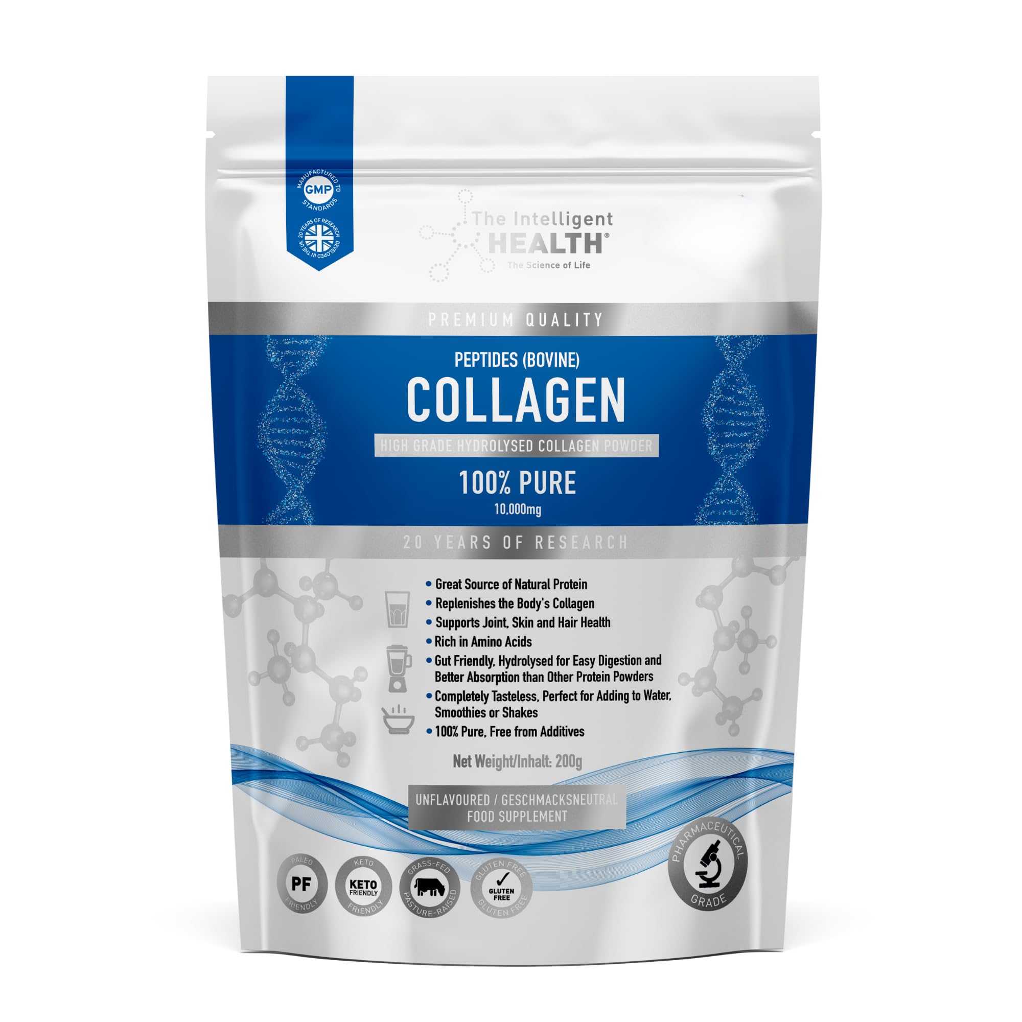 The Intelligent Health Collagen Powder, Hydrolysed Bovine Peptides, Unflavoured Protein Formula, Grass Fed, Collagen Supplement for Women & Men, 200g