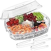 Tangyinus Ice Chilled Party Platter - 15'' Divided Serving Tray with Lid and 4 Compartments, Clear Fruit Trays for Serving fo