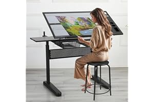 Roockky Drafting Desk with Stool, Upgraded Hand Crank Adjustable Height Art Table with Storage, 0-75° Tilting Glass Tabletop Drawing Table for Artists, Ergonomic Design for Painting, Sketching, Black