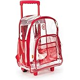 K-Cliffs Rolling Clear Backpack Heavy Duty Bookbag Quality See Through Workbag Travel Daypack Transparent School Book Bags w/Wheels Red