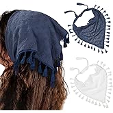 AWAYTR Floral Tassels Hair Scarf Headband - 2PCS Cotton Hair Bandana Scarf With Tassels Tie Back Head Kerchief Headband for Women and Girls (Navy Blue+White)