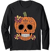 Sugar Skull Pumpkin Mexican Halloween Dia de Los Muertos Long Sleeve T-Shirt