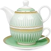 fanquare Tea for One with Gold Trim, Green Teapot Set for Adults, Ceramic Coffee Cup with Saucer, Classic Stripes