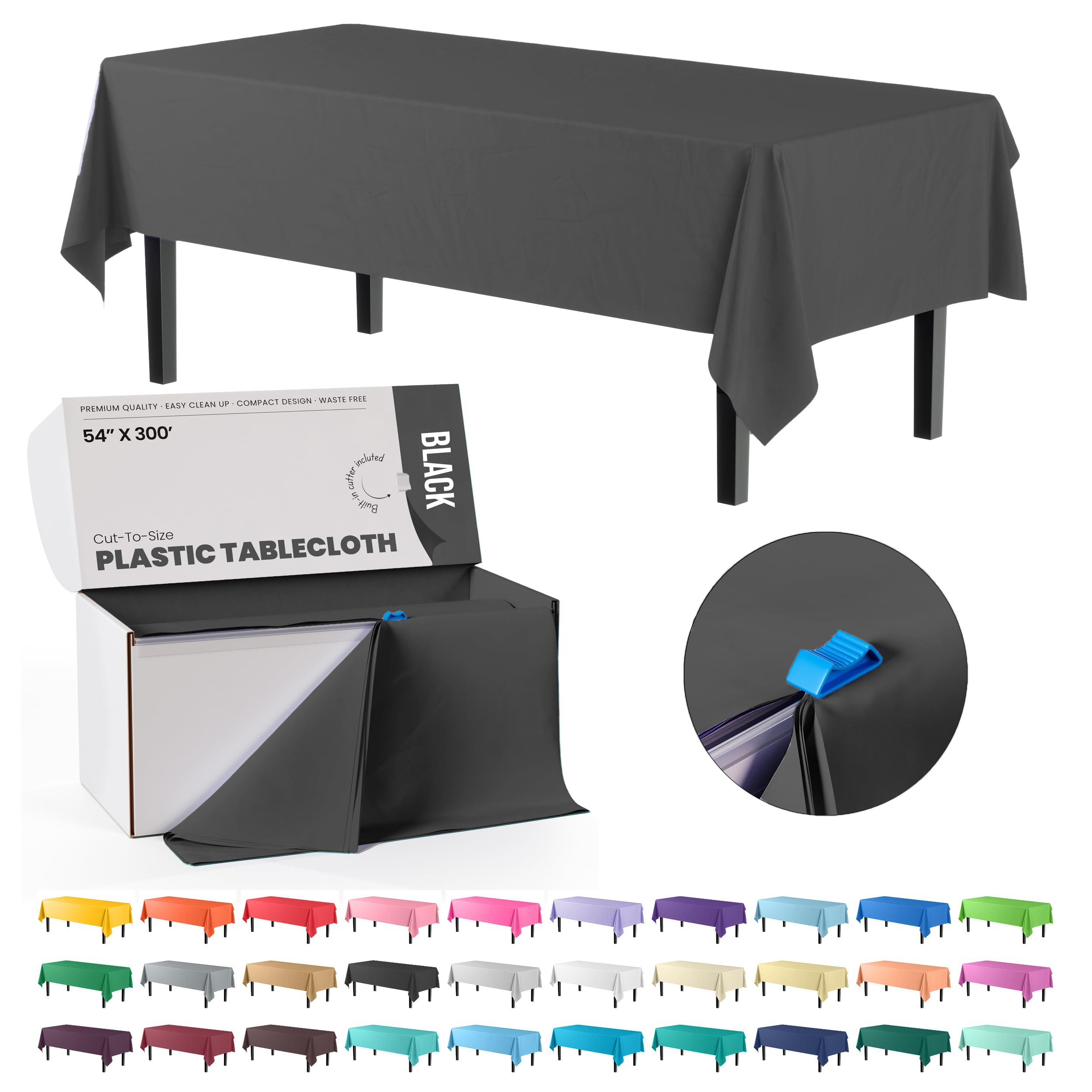 Party Solids 54 Inch X 300 Feet Black Plastic Table Cover Roll in A Cut - to - Size Box with Convenient Slide Cutter. Cuts Up to 36 Rectangle 8 Feet Plastic Disposable Tablecloths Image Party Solids 54 Inch X 300 Feet Black Plastic Table Cover Roll in A Cut - to - Size Box with Convenient Slide Cutter. Cuts Up to 36 Rectangle 8 Feet Plastic Disposable Tablecloths Image